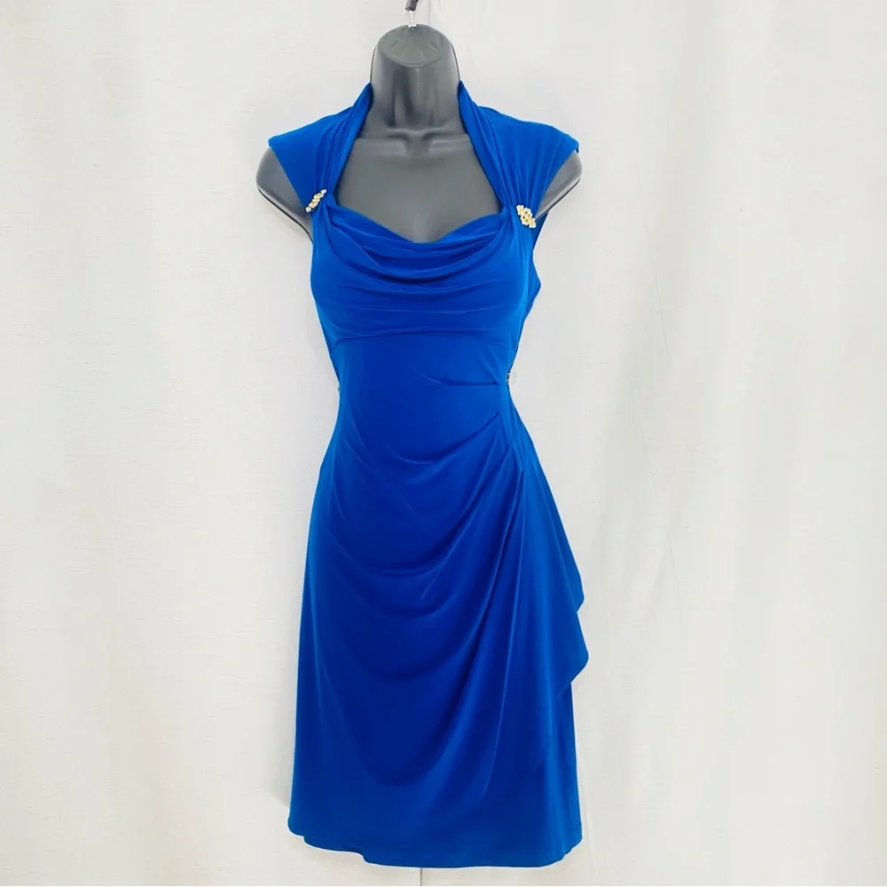 Xscape women’s royal blue side rauched chiffon, overlay gown, size 6